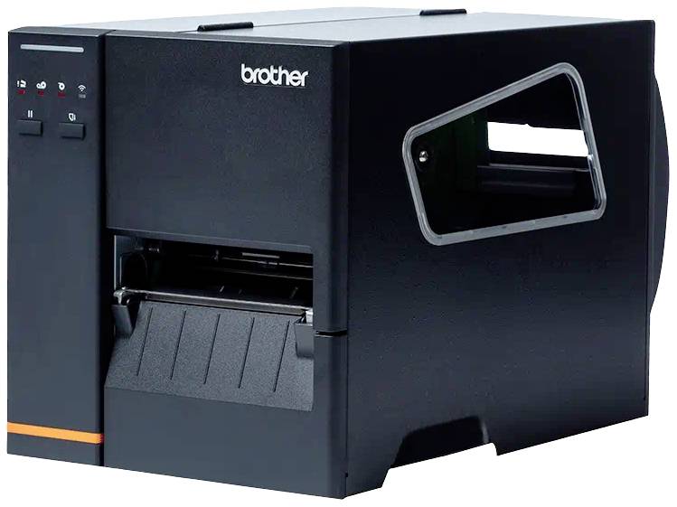 Ein schwarzer Drucker mit der Marke 'Brother', geeignet für den industriellen Einsatz. Das Design wirkt robust mit sichtbaren Bedienknöpfen.
