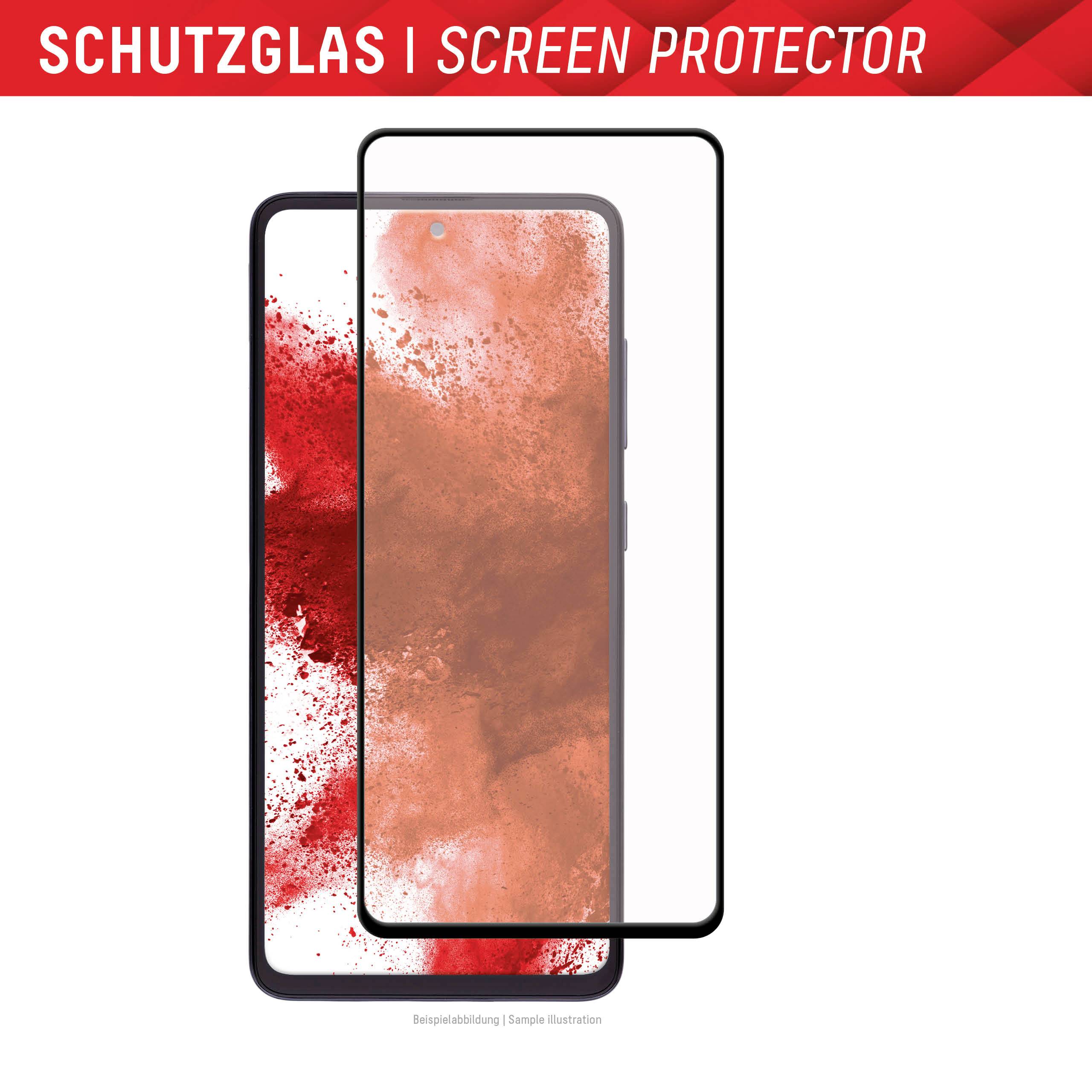 Smartphone mit rotem Kunsthintergrund, darüber eine transparente Schutzfolie. Oben steht 'Schutzglas | Screen Protector'.