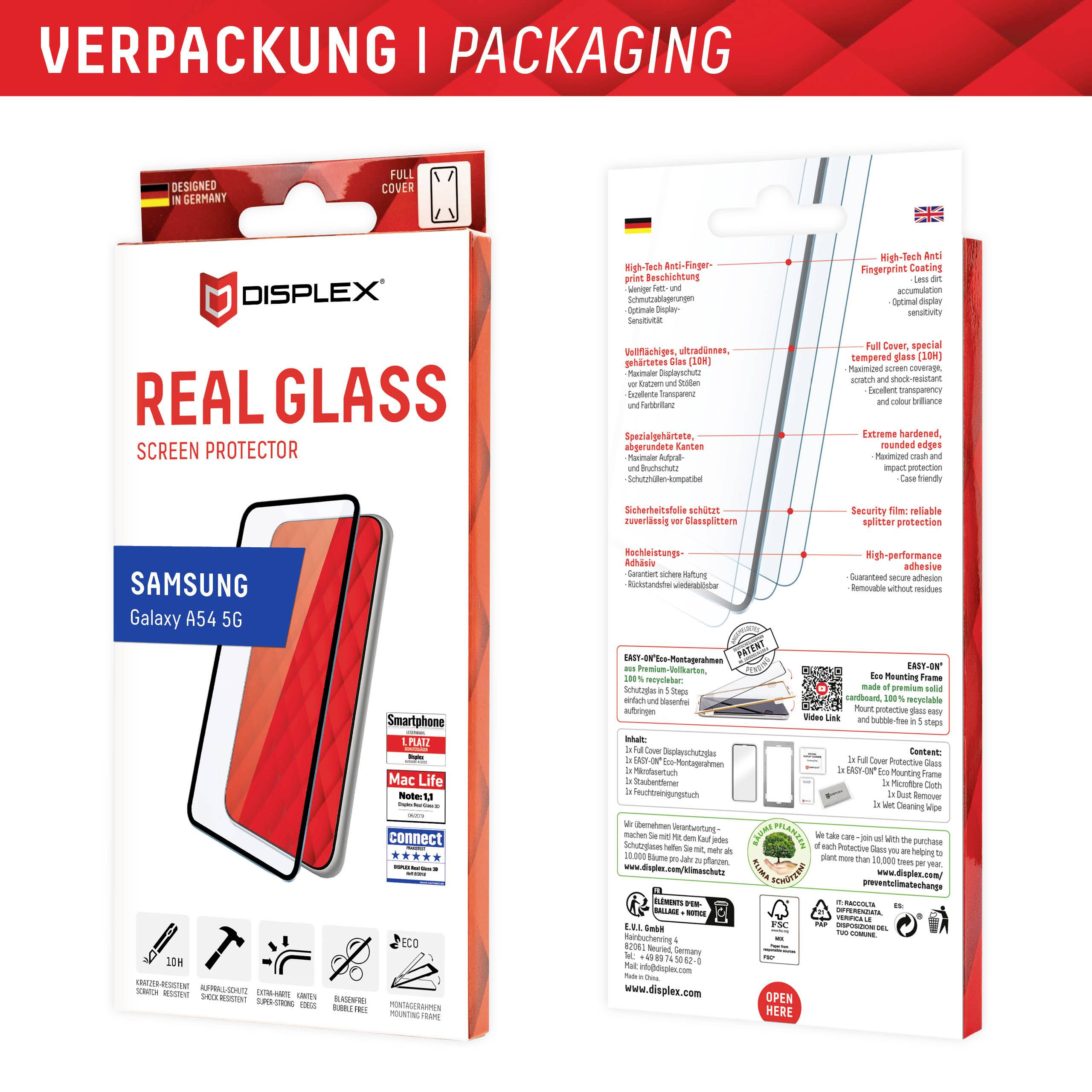 'Verpackung eines Displayschutzes aus echtem Glas für Samsung Galaxy A54 5G, Vorder- und Rückseite mit Produktdetails und Markenlogo.'