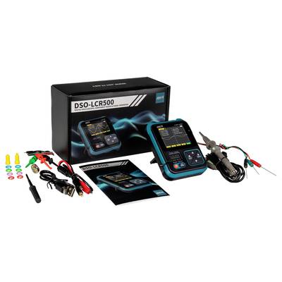 Multimeter-Set DSO-LCR500 mit Zubehör: Testleitungen, Krokodilklemmen, USB-Kabel, Benutzerhandbuch und Verpackungsbox.