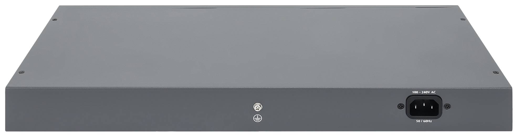 Schwarzes rechteckiges elektronisches Gerät, möglicherweise ein Netzwerk-Switch oder ein ähnliches Gerät, mit Rückseite und Stromanschluss.