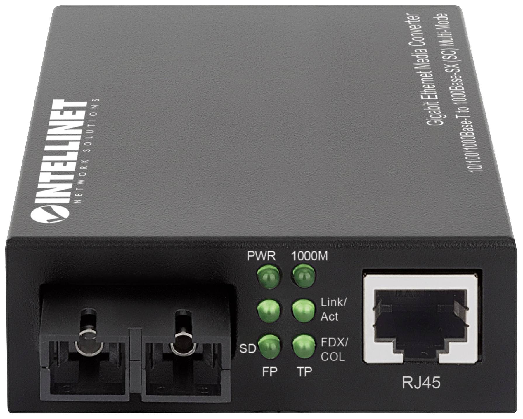 Gigabit Ethernet Medienkonverter mit Anschluss für Glasfaser (dualer Anschluss) und RJ45. LEDs zeigen Power, 1000M, Link/Act, FDX/COL an.