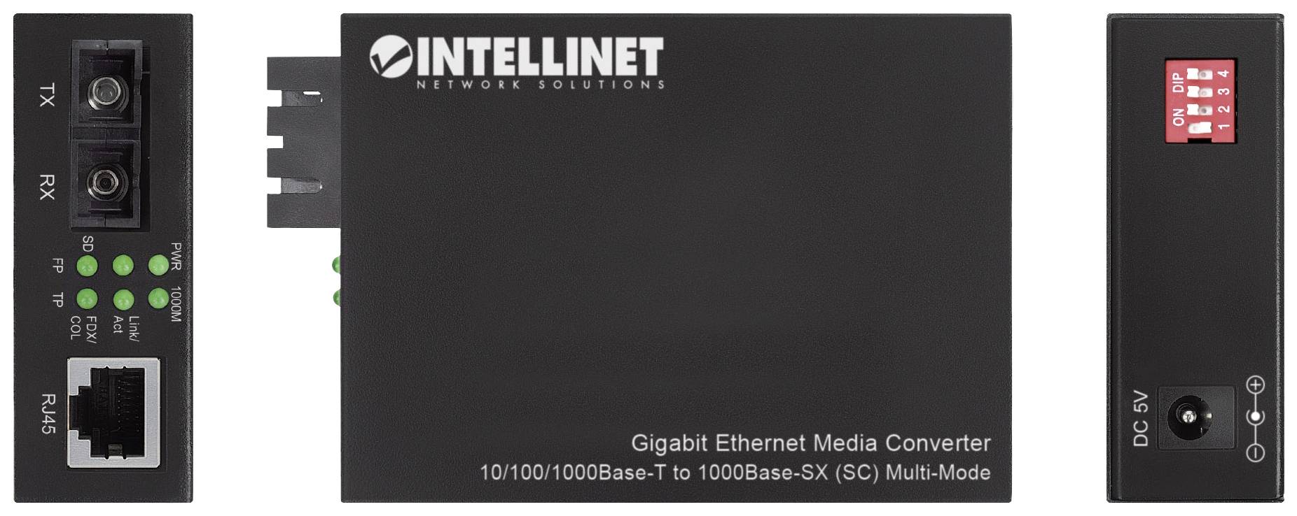 'INTELLINET Gigabit Ethernet Media Converter', schwarz, mit '10/100/1000Base-T zu 1000Base-SX (SC) Multi-Mode' beschriftet.