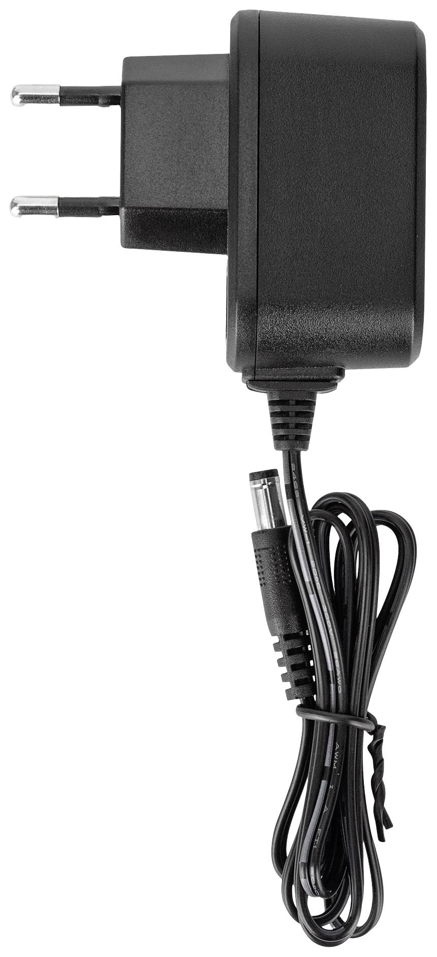 Schwarzes Steckernetzteil mit Eurostecker und Kabel, geeignet für elektronische Geräte.