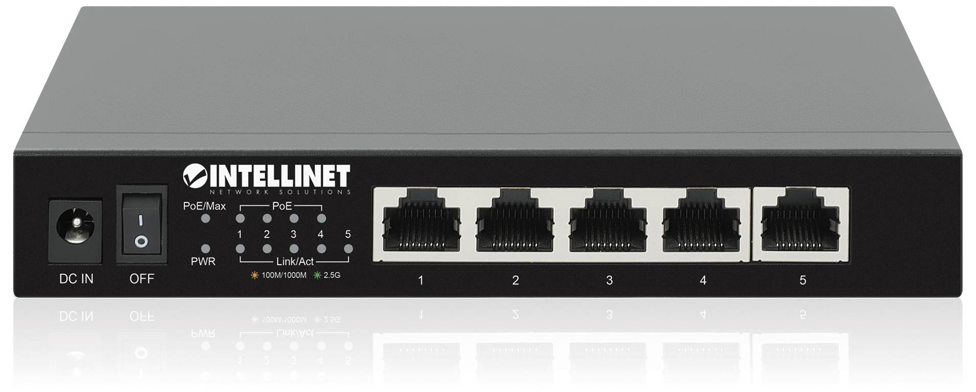 Ein schwarzer Ethernet-Switch mit fünf RJ45-Ports und einem Ein-/Ausschalter auf der linken Seite, LED-Anzeigen darüber.