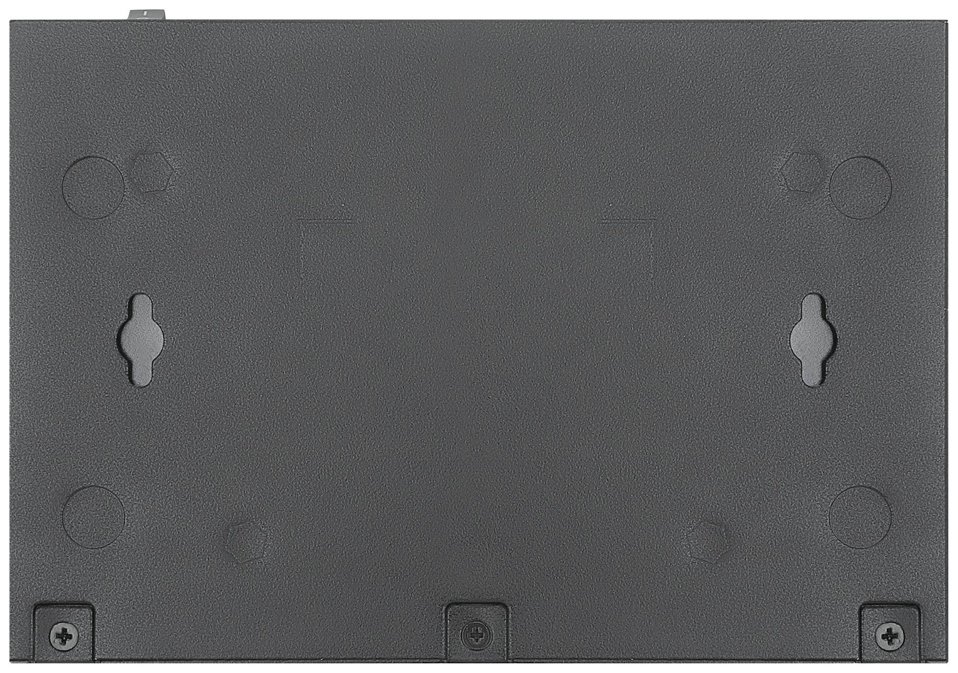 Eine rechteckige schwarze Metallplatte mit symmetrisch angeordneten Löchern und zwei Schrauben an den unteren Ecken.