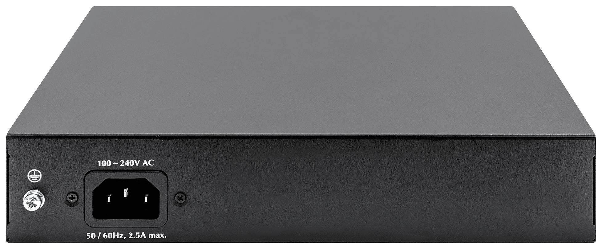 Ein schwarzes elektronisches Gerät von hinten, mit einem Stromanschluss und der Aufschrift '100-240V AC, 50/60Hz, 2,5A max.'.