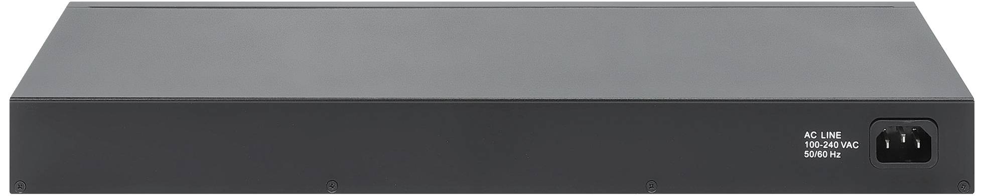 Ein schwarzes elektrisches Rackgerät mit Stromanschluss und AC Line-Beschriftung auf der rechten Seite.