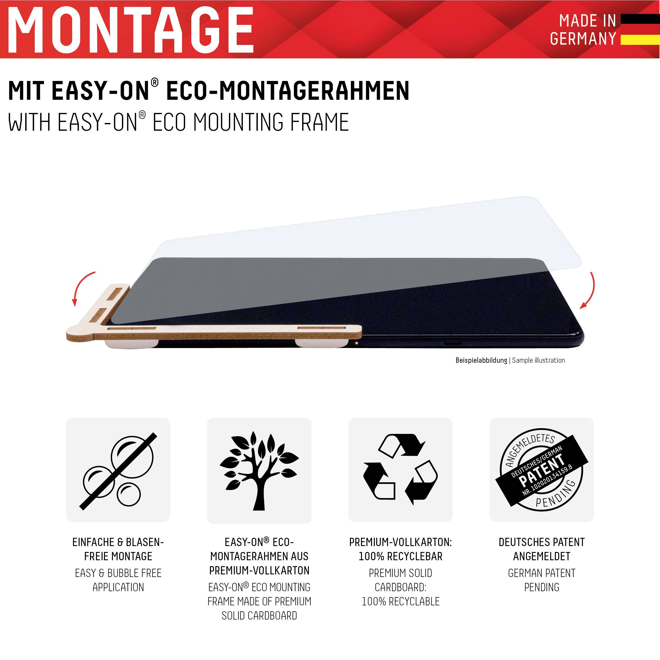 'Mit EASY-ON Eco-Montagerahmen' zeigt Schritte zum Einfädeln einer Blende, hervorhebt recycelbare Materialien und deutsches Patent.