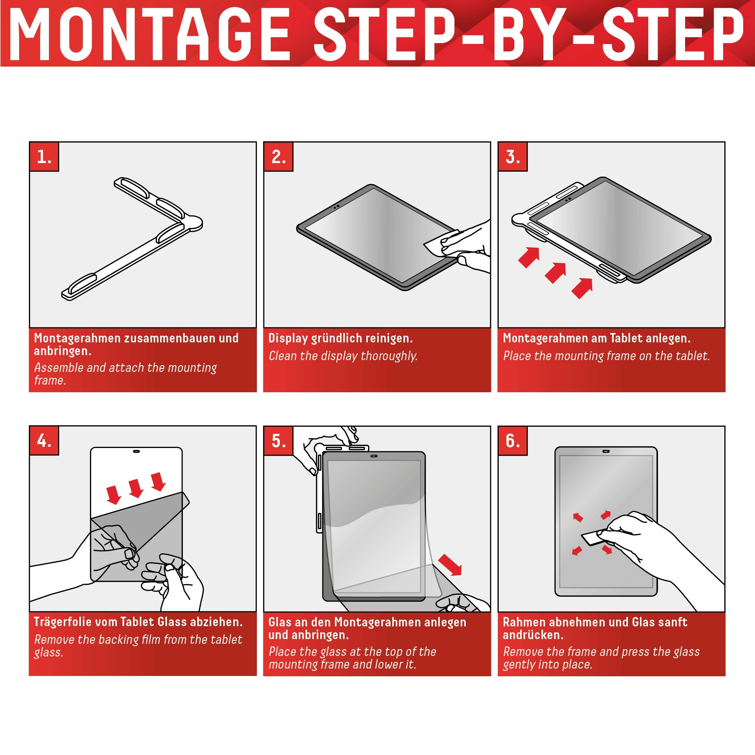 'Schritt-für-Schritt-Montageanleitung: 1) Rahmen montieren, 2) Display reinigen, 3) Rahmen auflegen, 4) Folie abziehen, 5) Glas anpassen, 6) Rahmen sichern.'