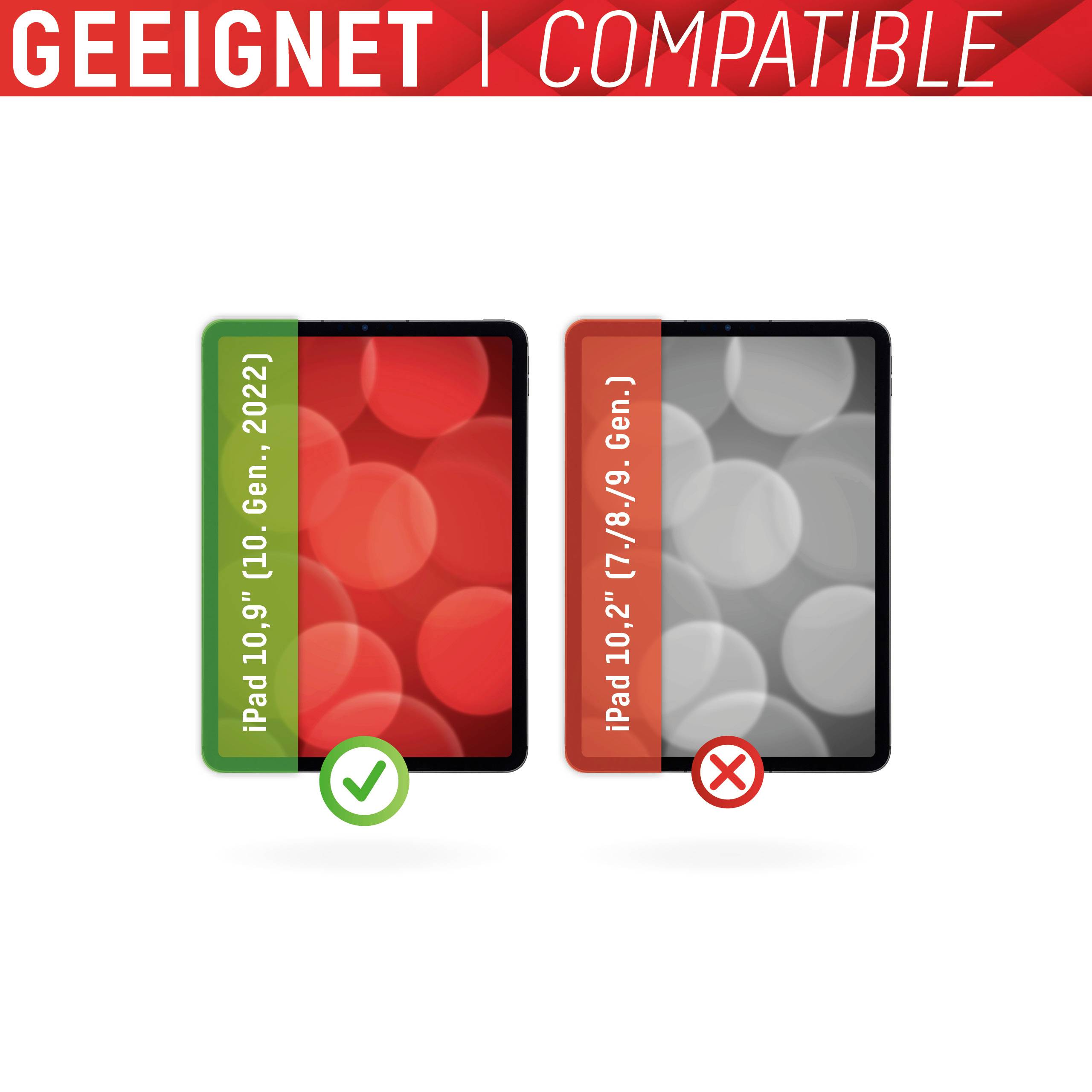 'Geeignet' steht über einem grün markierten iPad 10,9" (10. Gen. 2022). 'Kompatibel' steht über einem rot markierten iPad 10,2" (7./8./9. Gen).