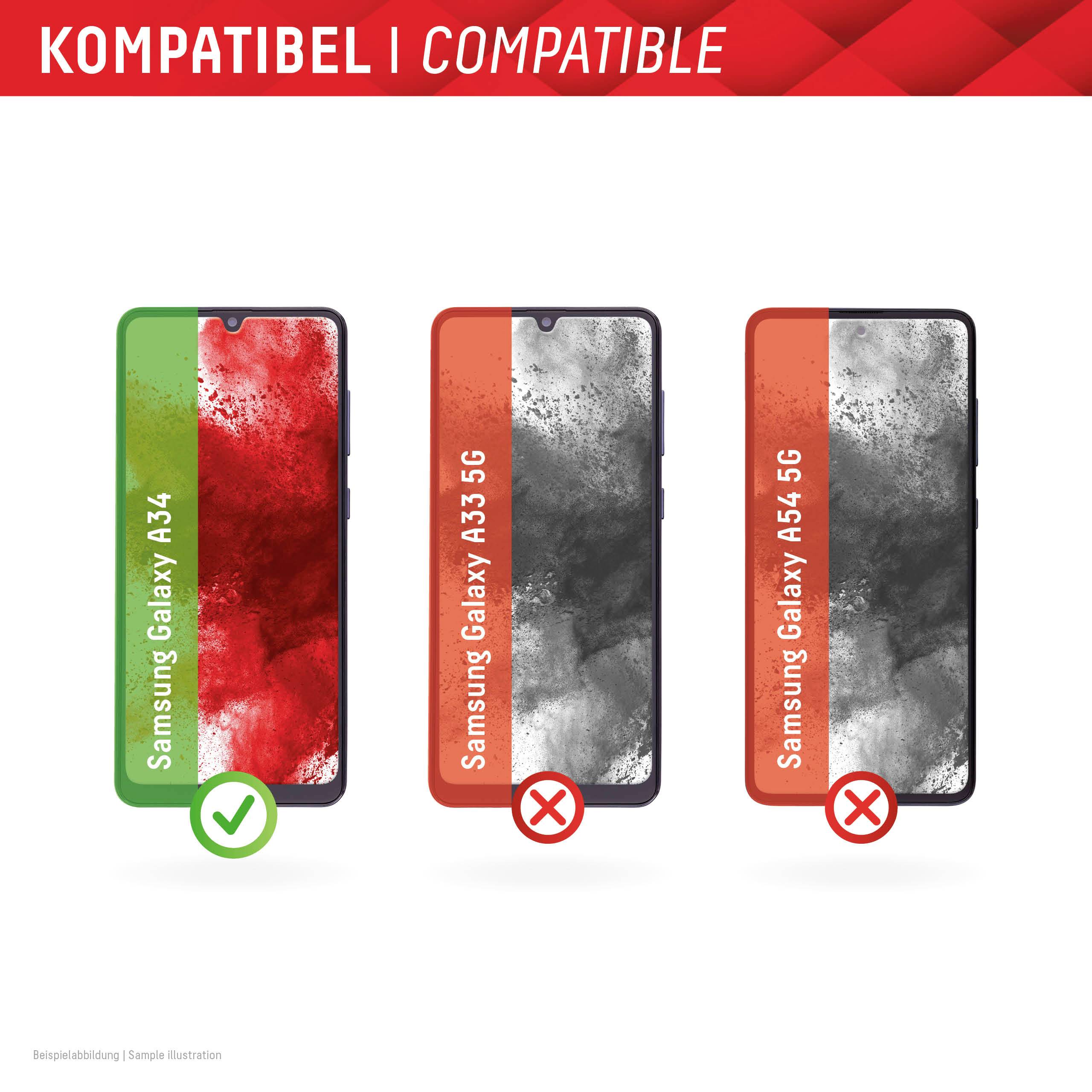 'Drei Smartphones nebeneinander: Links kompatibel, grüner Haken, Samsung Galaxy A34. Mitte und rechts: Inkompatibel, rotes X, Samsung Galaxy A33 5G und A54 5G.'