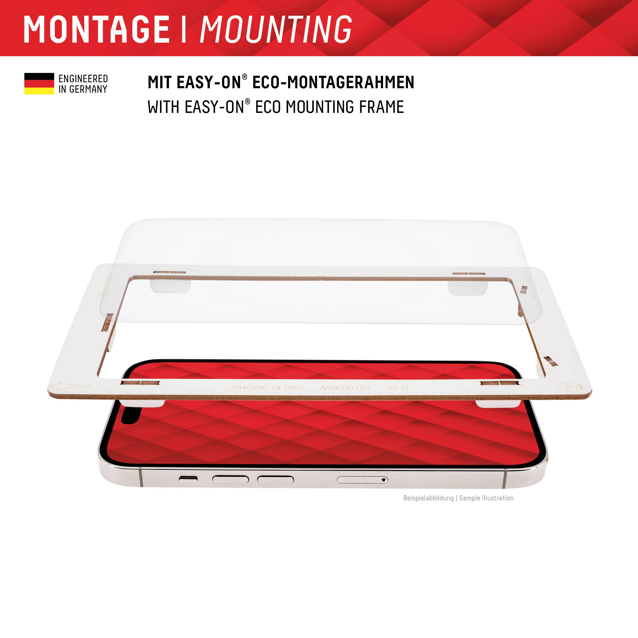 Ein Montagebild eines Smartphones mit abnehmbaren Eco-Montagerahmen in Rot und Weiß. Text: 'MIT EASY-ON® ECO-MONTAGERAHMEN'.