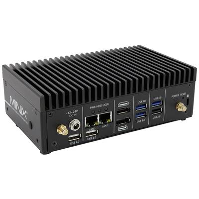 Ein schwarzer Mini-PC mit mehreren USB-Anschlüssen, LAN-Ports und anderen Schnittstellen an der Vorderseite. Rippen erhöhen die Kühlung. Links ist der Markenname sichtbar.