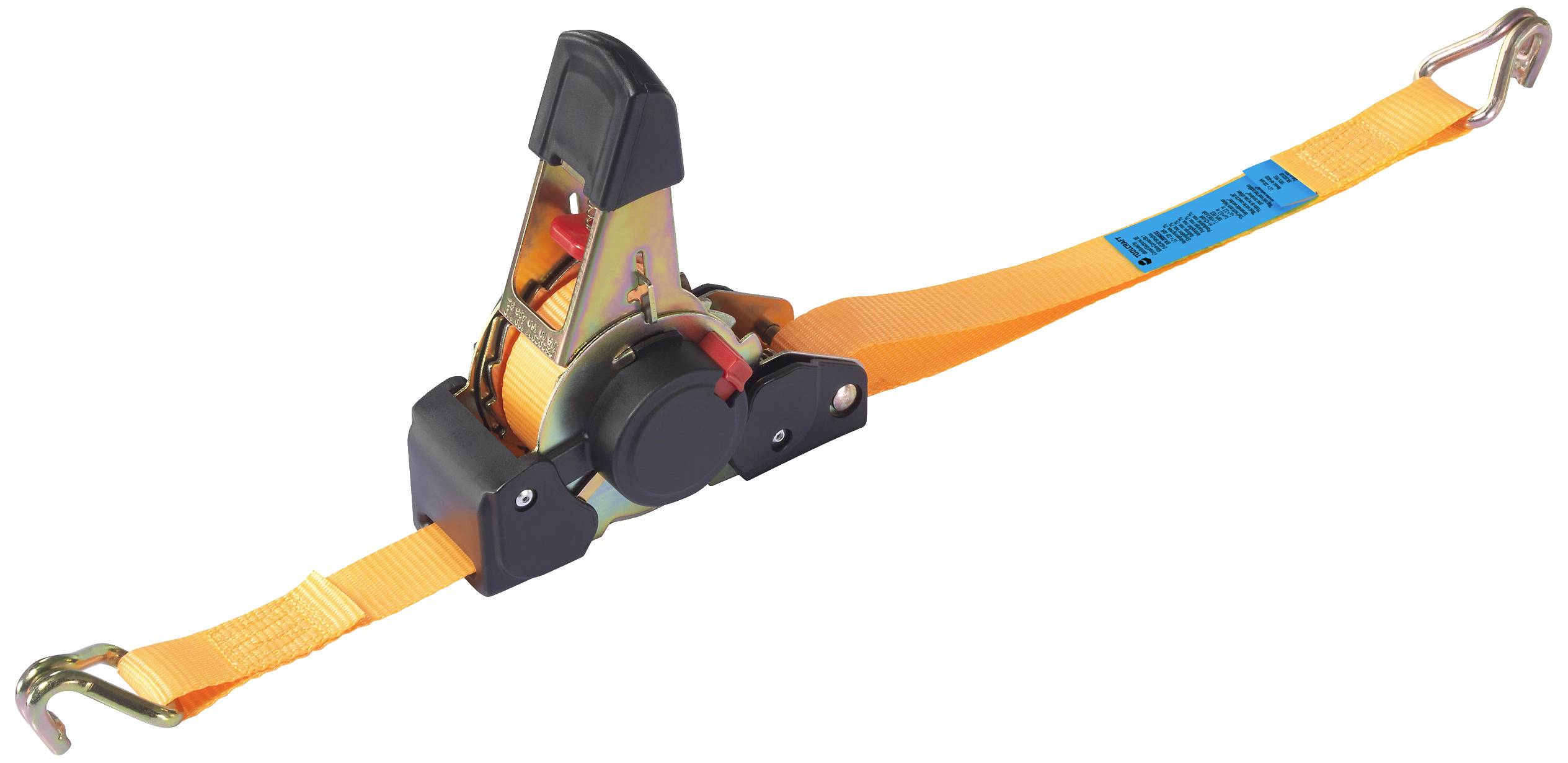 Ein orangefarbener Spanngurt mit Ratsche, zwei Haken an den Enden. Geeignet zur Sicherung von Lasten auf Fahrzeugen.