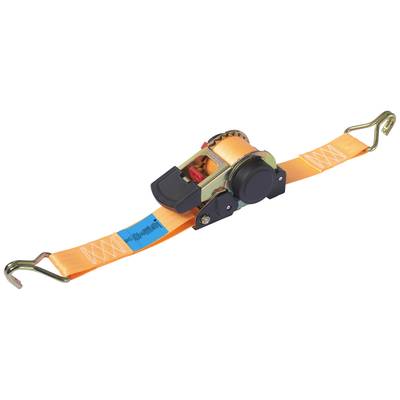 Ein orangefarbener Zurrgurt mit Ratsche und Haken an beiden Enden. Geeignet zur Sicherung von Lasten.