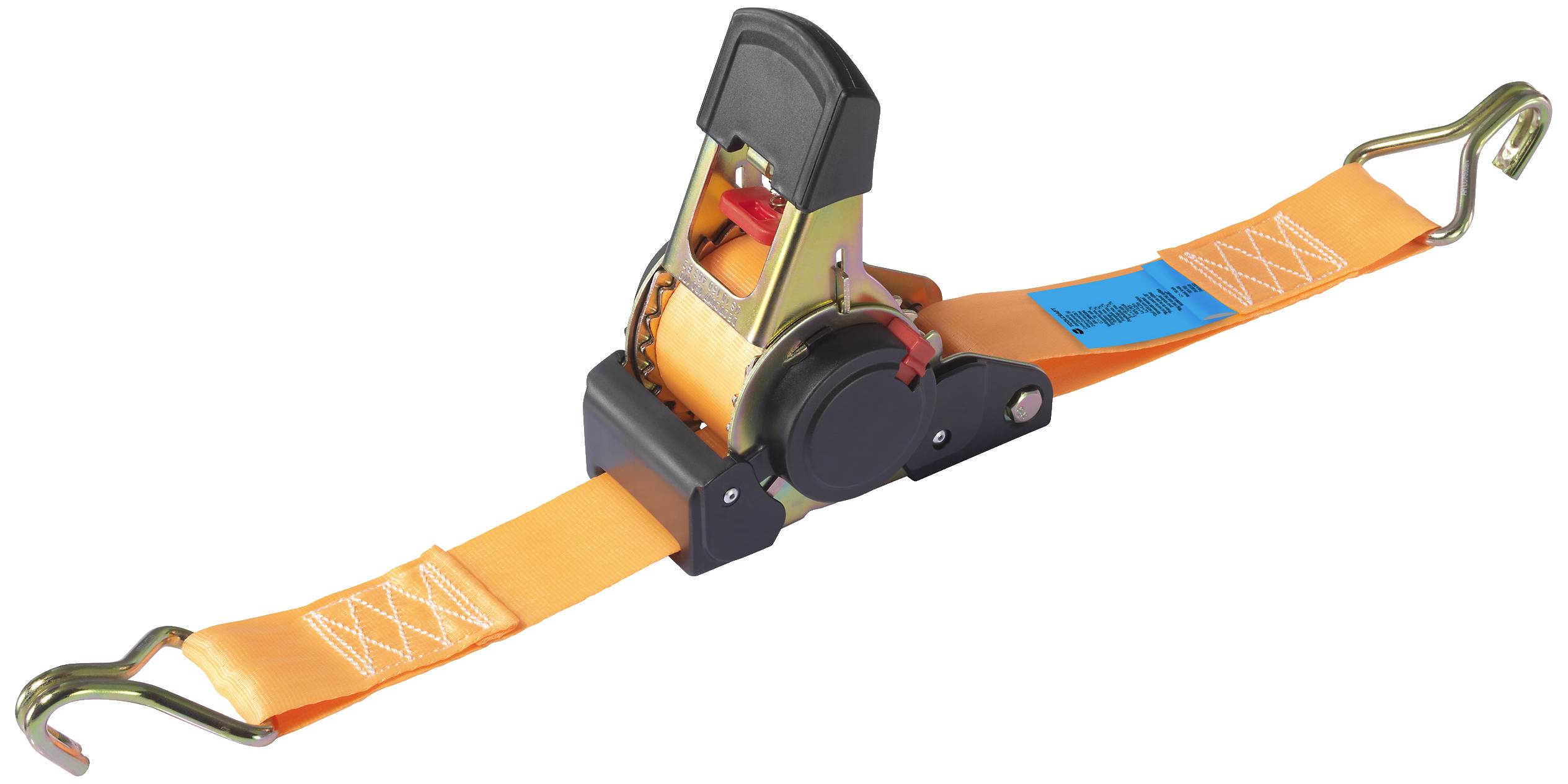 Ein orangener Spanngurt mit Ratsche und Haken, verwendet zum sicheren Befestigen von Lasten während des Transports.