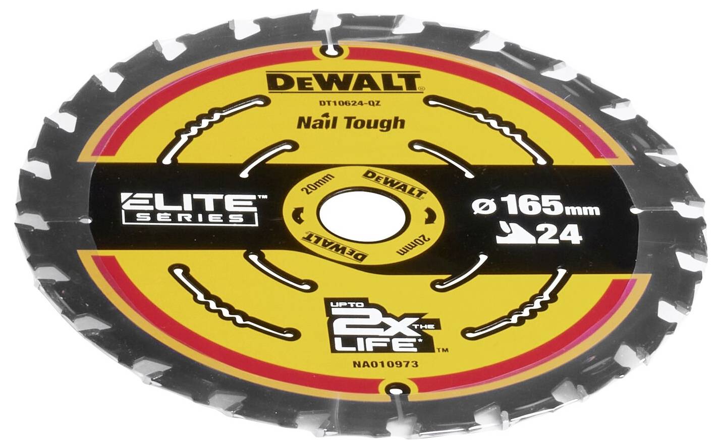 Kreisförmiges Sägeblatt der Marke DeWalt, Modell 'Nail Tough', Durchmesser 165 mm, 24 Zähne, gelb-schwarzes Design mit Markierungen.