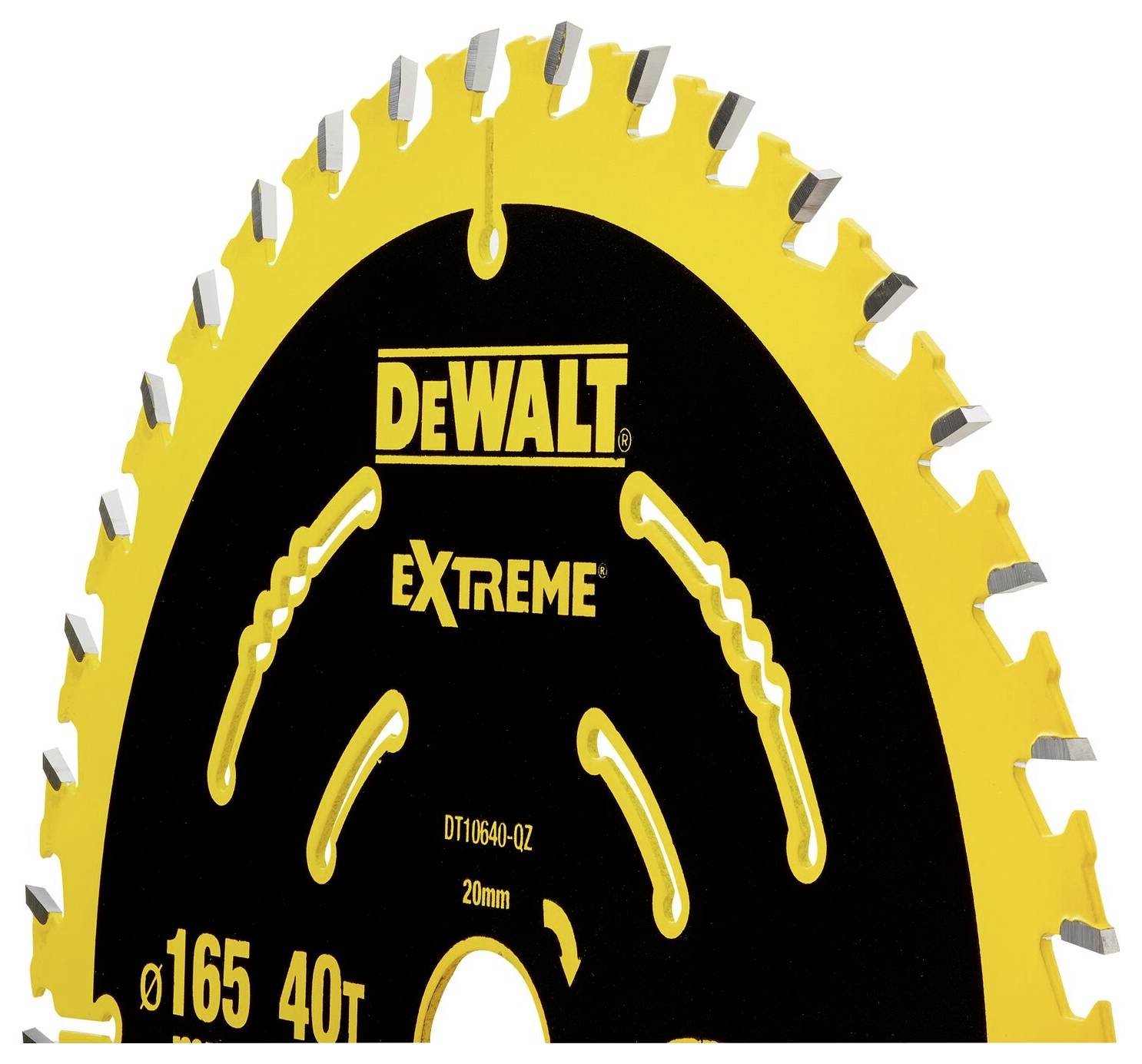 Kreissägeblatt von DeWalt, Modell 'Extreme' mit 165 mm Durchmesser und 40 Zähnen, hervorgehobene robuste Zahnung und Farbgebung.