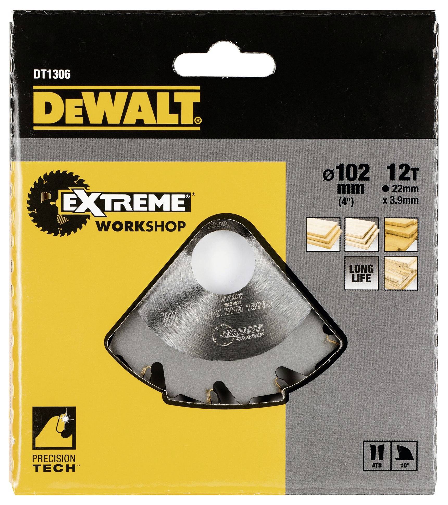 Eine DeWalt-Sägeblattverpackung, Modell DT1306, zeigt das dreieckige Sägeblatt. Geeignet für Holzverarbeitung, Durchmesser 102 mm.