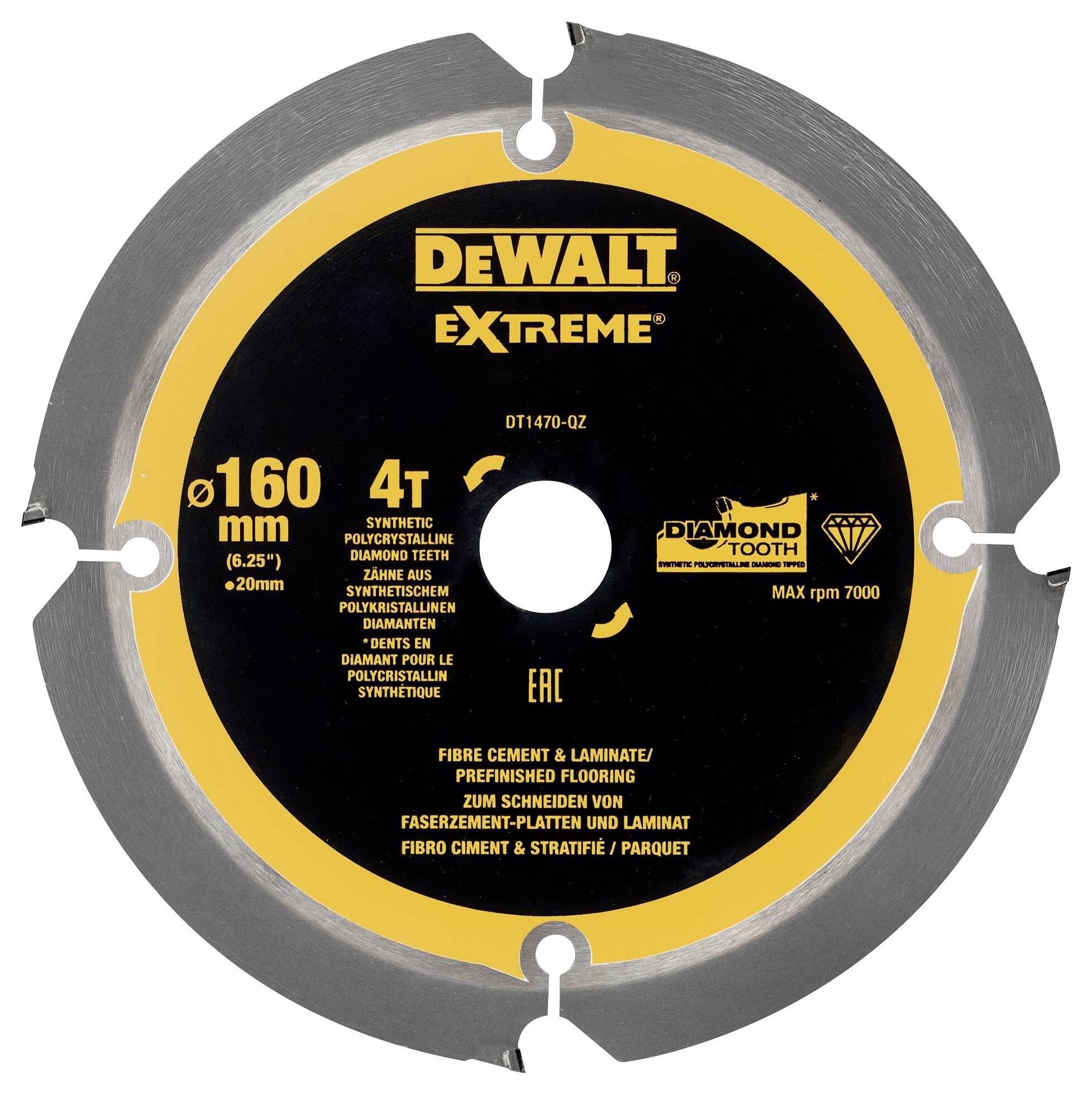 Sägeblatt von DeWalt, 160 mm Durchmesser, 4 Zähne, geeignet für Faserzement und Laminat. Maximale Drehzahl: 7000 U/min.