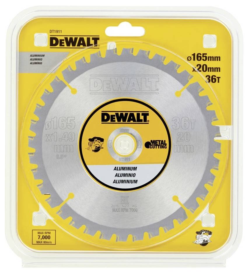 Kreissägeblatt der Marke DeWalt, 165 mm x 20 mm, 36 Zähne, geeignet für Aluminium und Metall. Maximale Drehzahl: 7000 U/min.