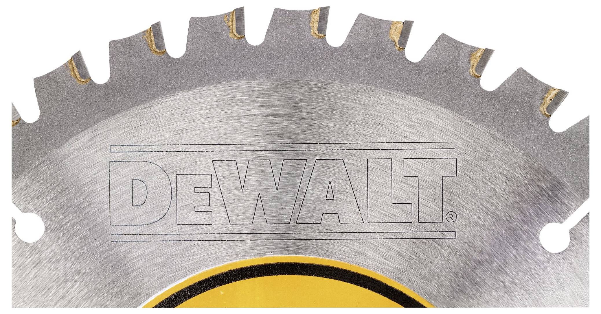 Kreissägeblatt von Dewalt aus Metall mit scharfen Zähnen; geeignet für Holzbearbeitung.