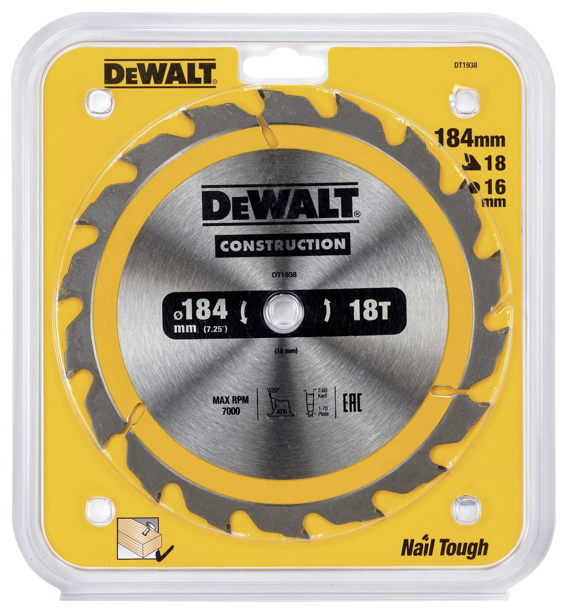 'DeWalt' Kreissägeblatt, 184 mm Durchmesser, 18 Zähne, geeignet für Bauarbeiten. Verpackung zeigt Produktdetails und Logos.