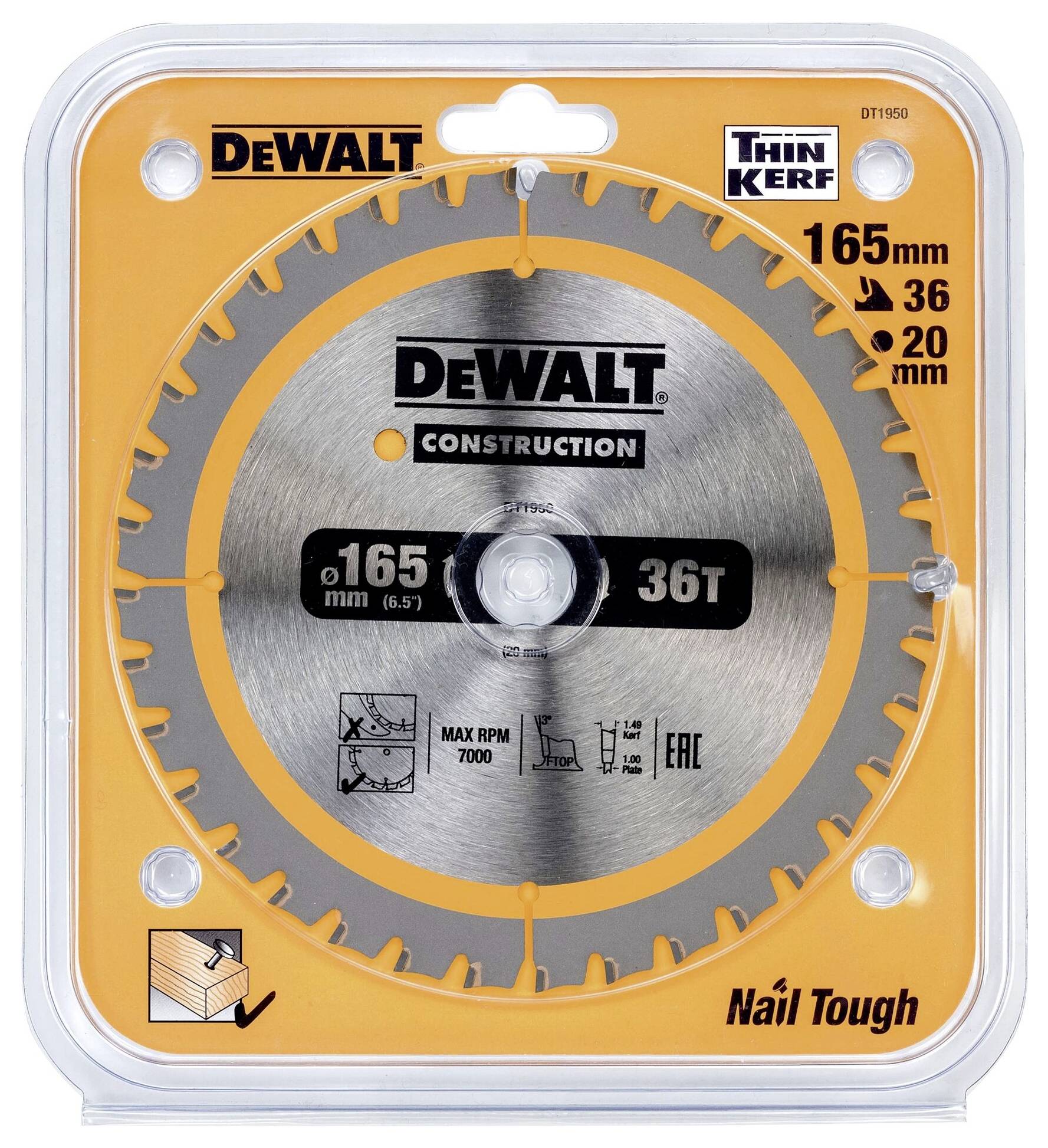 'Sägeblatt von DeWalt: 165 mm Durchmesser, 36 Zähne, 20 mm Bohrung. Optimiert für Nägel. Geeignet für Holzbearbeitung.'