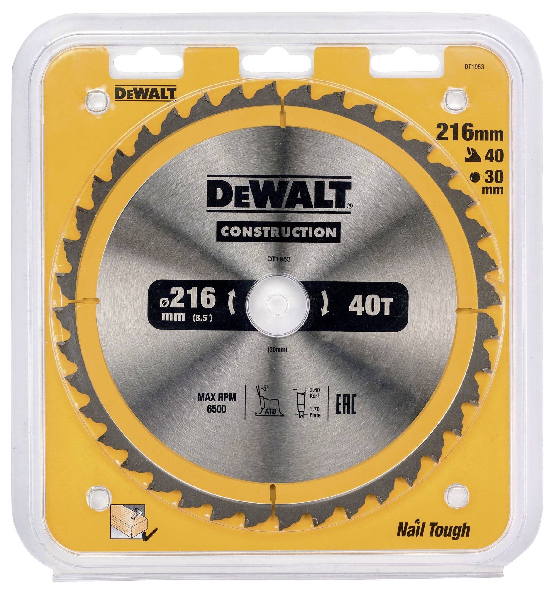 Kreissägeblatt der Marke DeWALT, Modell Construction, Durchmesser 216 mm, 40 Zähne, geeignet für Nagelhärte, maximale Drehzahl 6500 U/min.