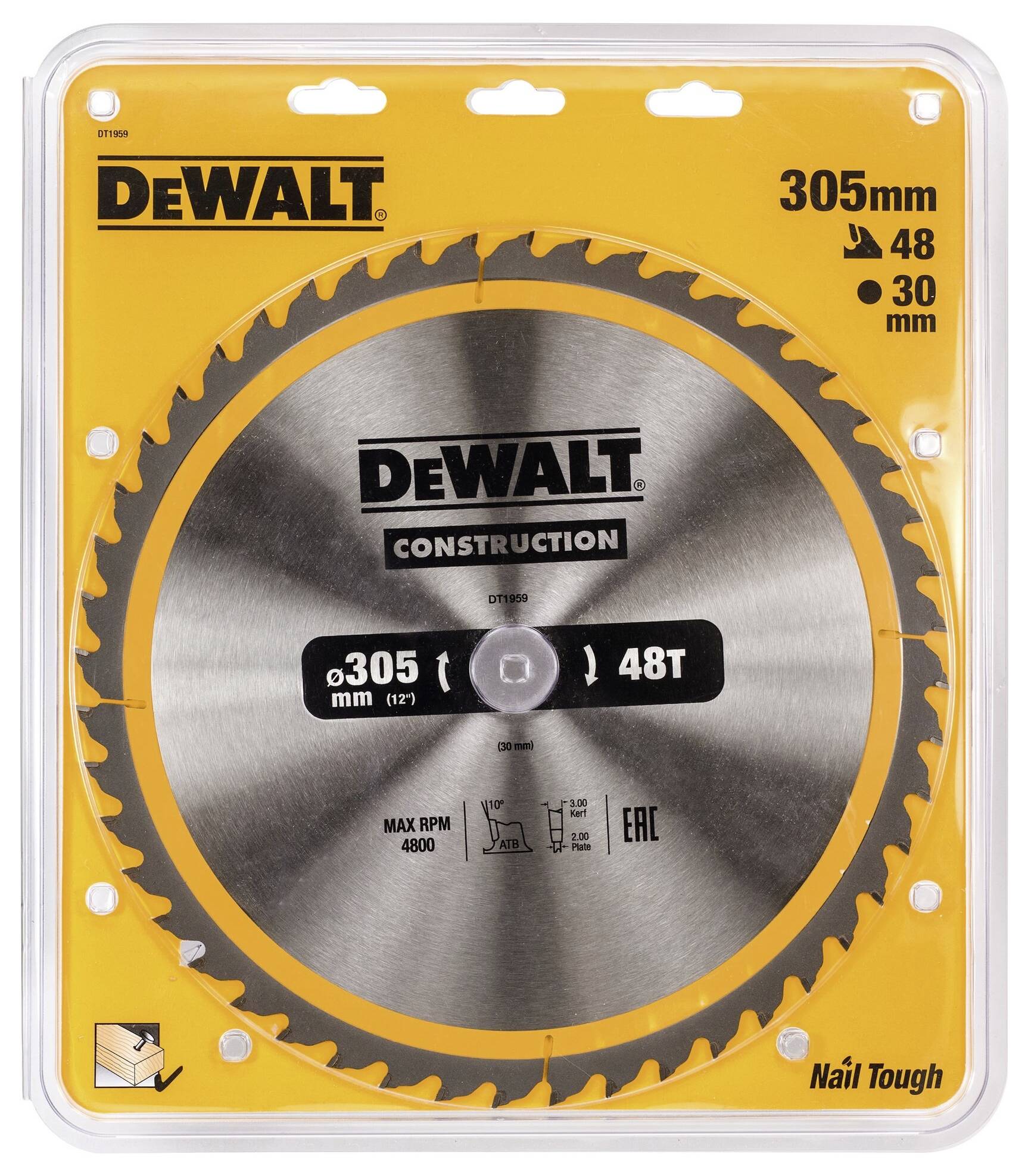 'Dewalt' Kreissägeblatt, 305 mm Durchmesser, 48 Zähne. Verpackung zeigt Marke und Spezifikationen wie Schnittgröße und maximale Umdrehungen pro Minute.