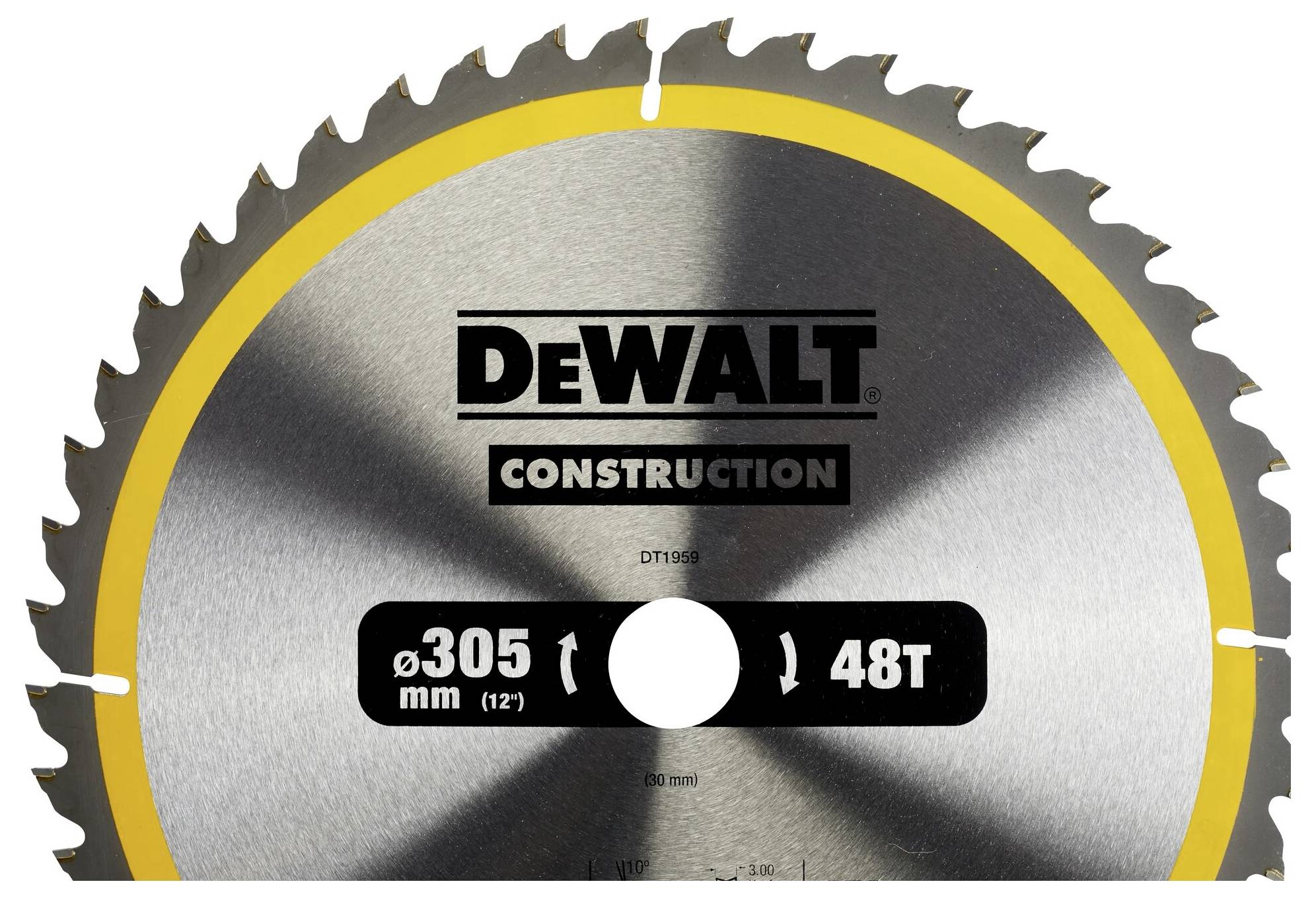 Sägeblatt von DeWALT für Bauarbeiten, Durchmesser 305 mm, 48 Zähne, silber mit gelbem Detail, robuste Konstruktion.