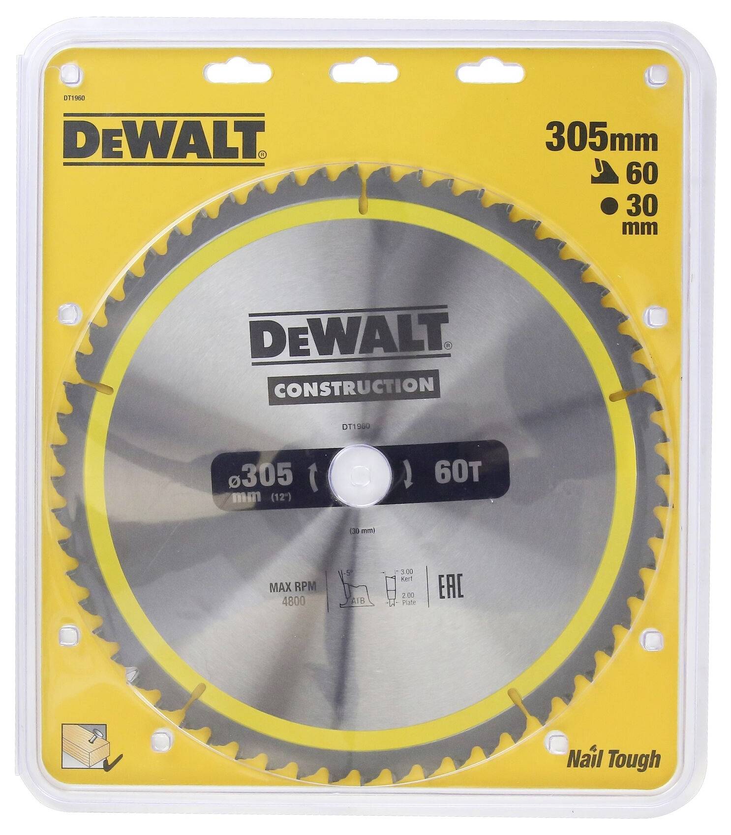 'DeWalt Construction' Kreissägeblatt in Verpackung, Durchmesser 305 mm, 60 Zähne, Bohrung 30 mm. Geeignet für Holzverarbeitung.