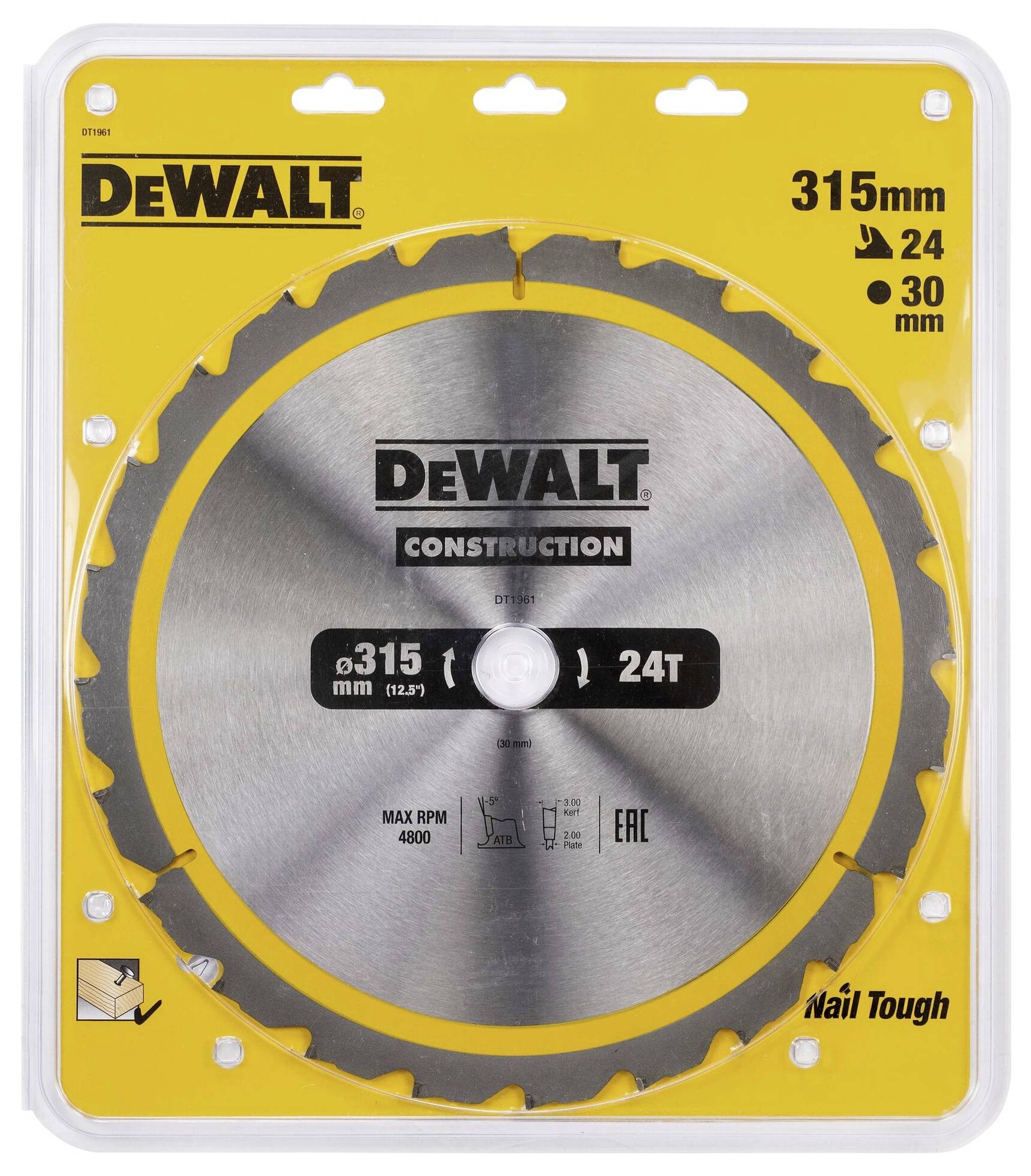 Kreissägeblatt in Kunststoffverpackung mit der Aufschrift 'DeWalt 315 mm, 24 Zähne'. Indikationen für Holzarbeiten.