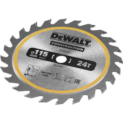 Rundes Sägeblatt mit 24 Zähnen von der Marke Dewalt. Beschriftet mit '115 mm' und '24T'. Geeignet für Bauarbeiten.