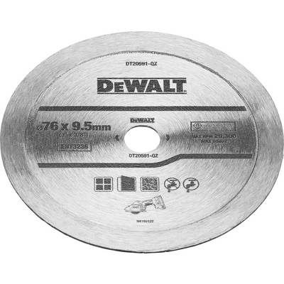 Metallschneidescheibe der Marke DeWalt, Durchmesser 76 x 9,5 mm, maximale Drehzahl 28.300 U/min, mit Symbolen für Sicherheitsanweisungen.