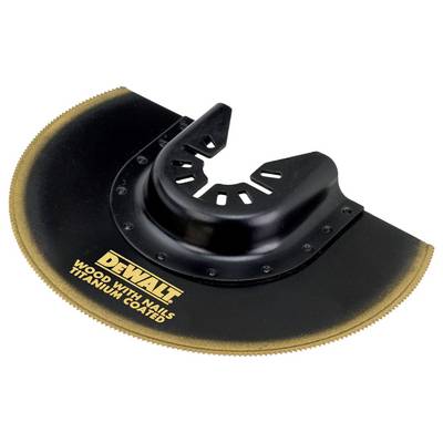 Kreissägeblatt Marke DeWalt, für Holz mit Nägeln, titanbeschichtet, halbmondförmig, schwarz-goldenes Design.