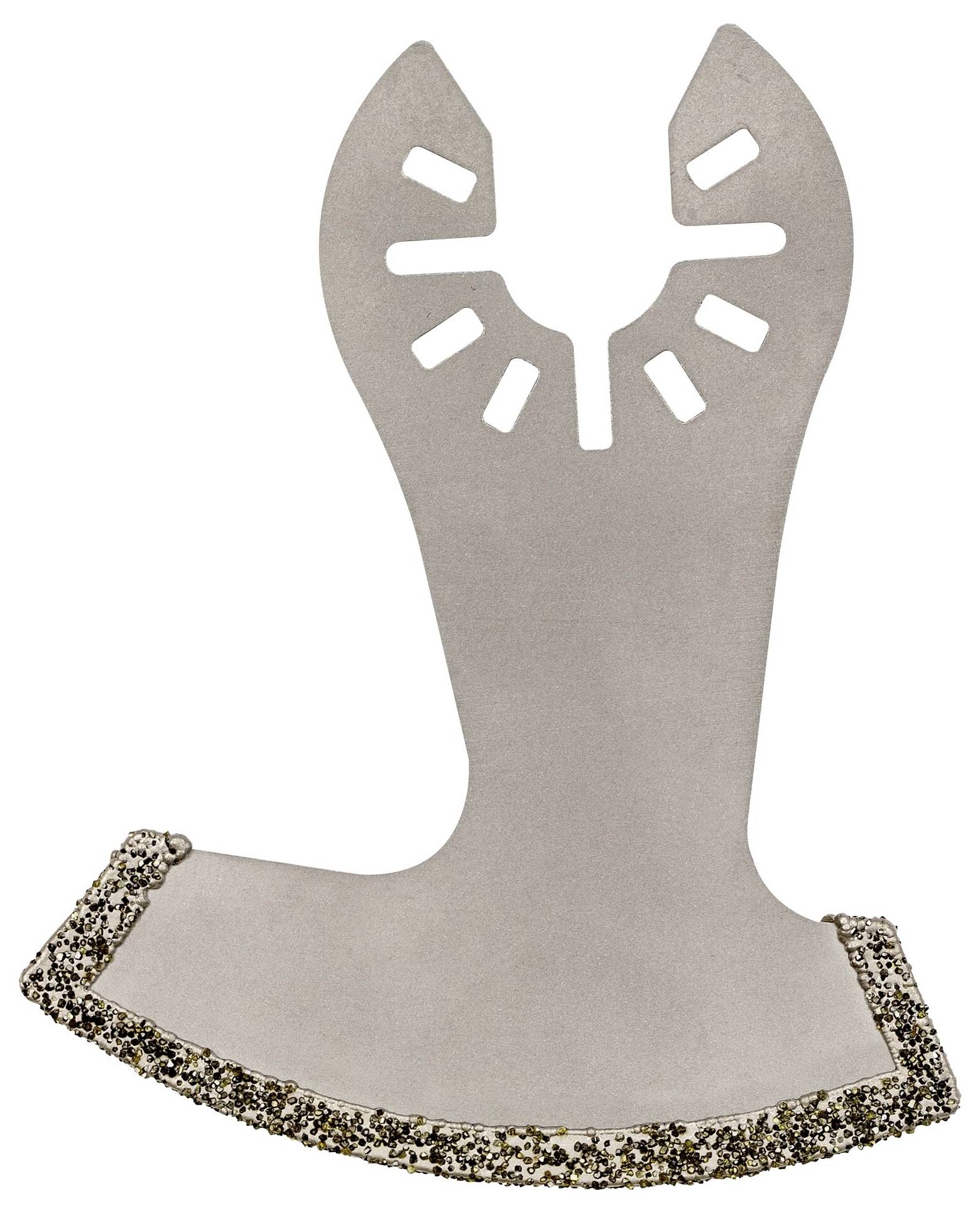 Das Bild zeigt ein oszillierendes Sägeblatt mit diamantbeschichteter Schneide, geeignet für präzise Schneidarbeiten in Hartmaterialien.