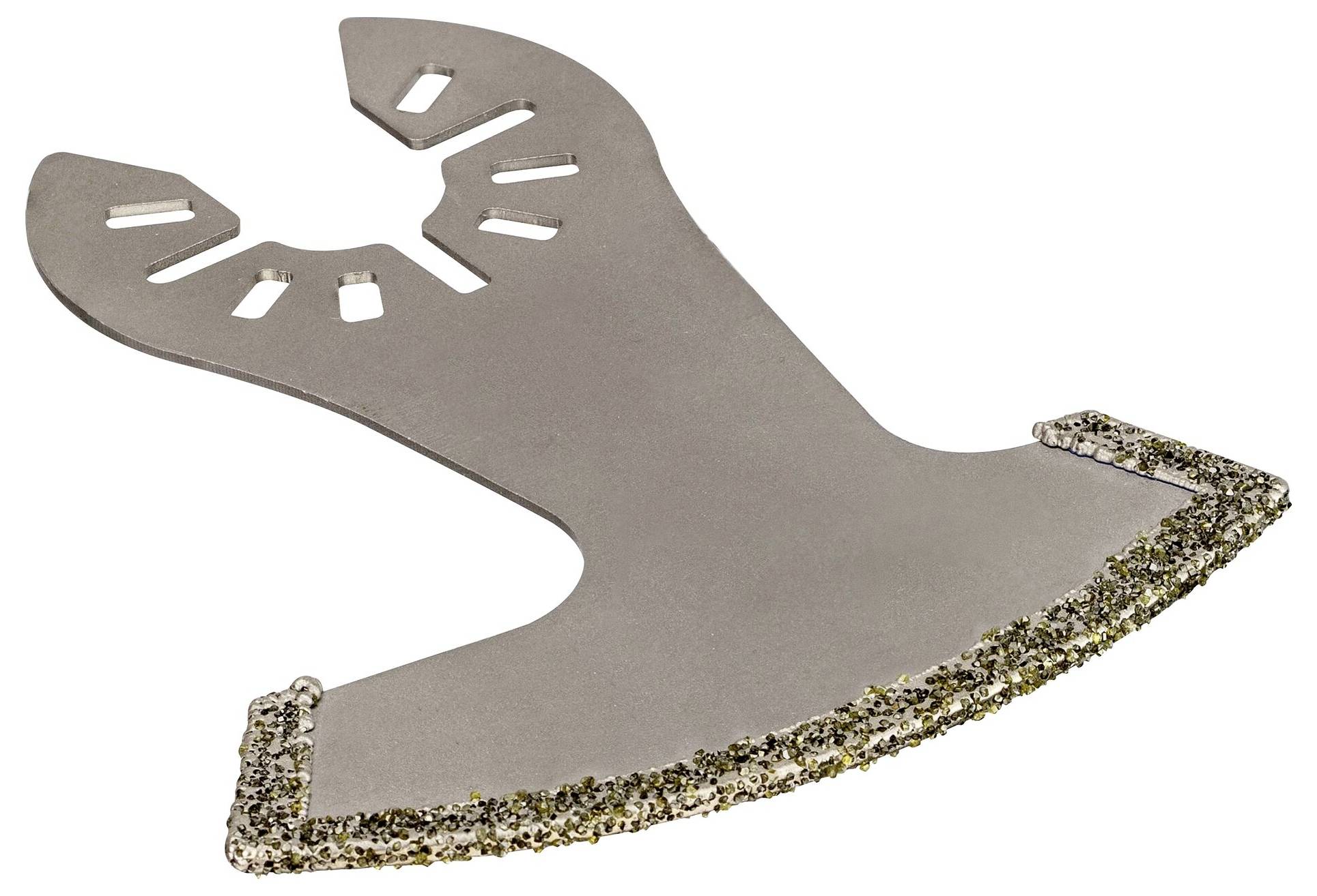 Ein oszillierendes Sägeblatt mit segmentförmiger Schneide und diamantbesetzter Kante, geeignet zum Schneiden harter Materialien.
