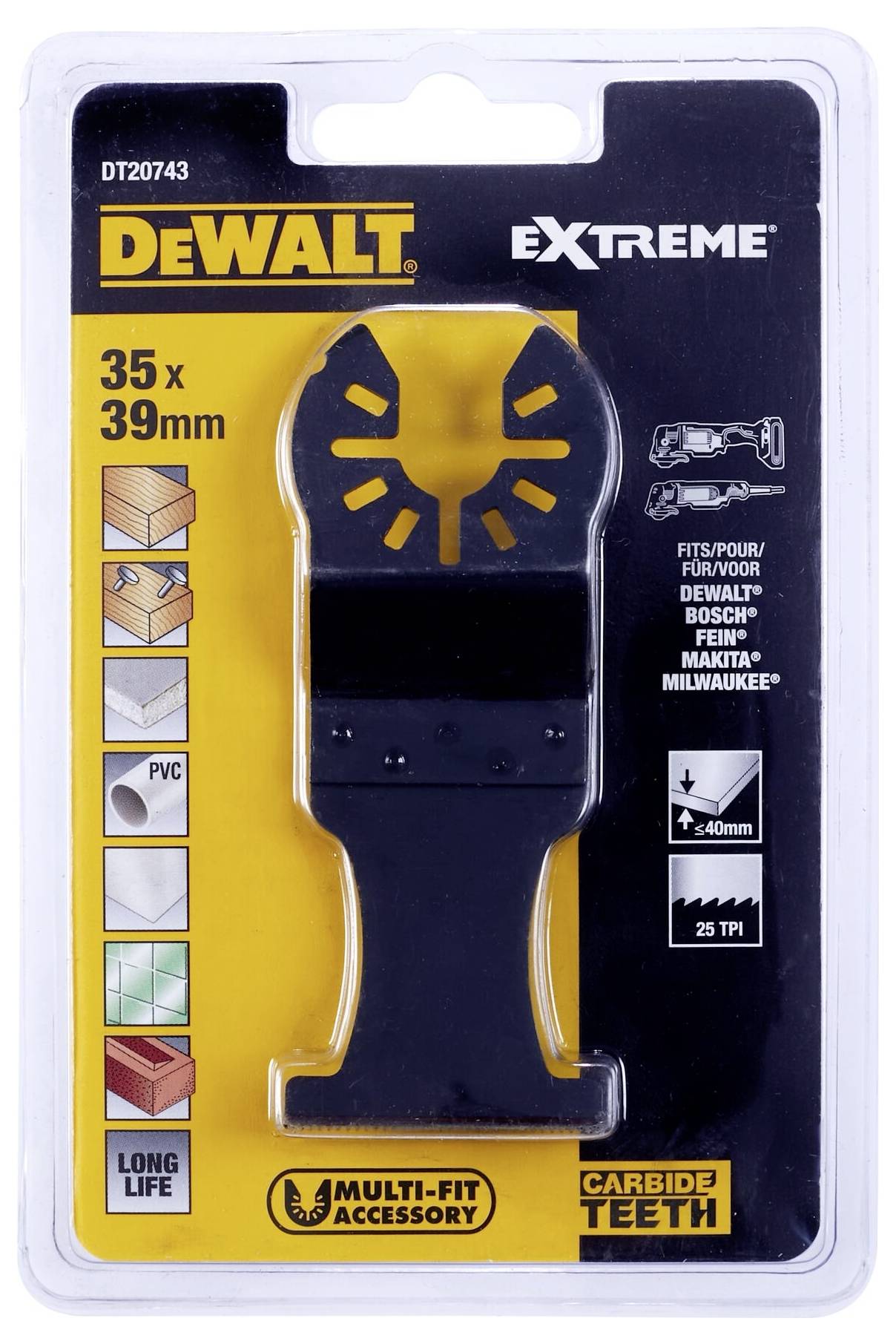 'DEWALT Extreme' Sägeblatt in Verpackung mit Angaben: 35 x 39 mm Größe, geeignet für Holz, PVC und Metall. Multi-Fit und Karbidzähne.
