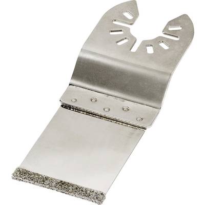 Metallisches Sägeblatt mit breitem, flachem Schneidkopf und gezahntem Rand unten, befestigt an einer robusten Halterung.