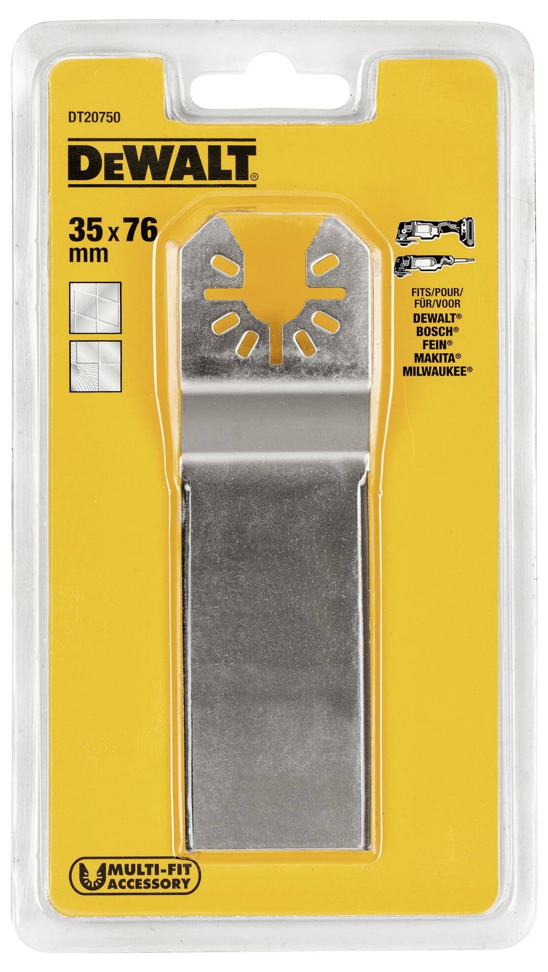Packung eines DEWALT-Zubehörteils mit einer Multitool-Klinge mit den Maßen 35 x 76 mm, kompatibel mit mehreren Marken.