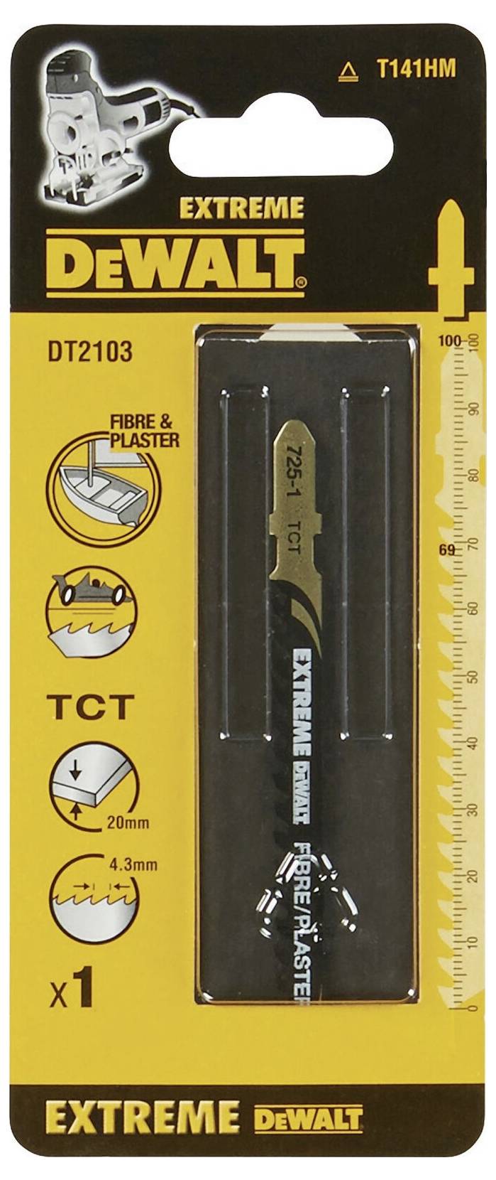 Sägeblattverpackung von DeWalt, Modell DT2103. Enthält ein T141HM Sägeblatt für Faser- und Gipsmaterialien. Verpackung ist gelb-schwarz.