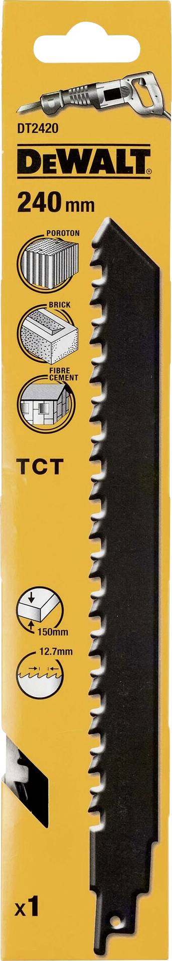 'Sägeblatt von Dewalt, Modell DT2420, 240 mm Länge, geeignet für Holz und Metall. Verpackung zeigt die Zähne des Blatts.'