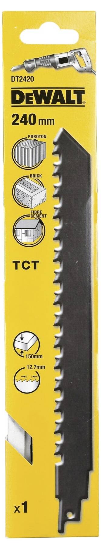 Verpackung eines Dewalt Säbelsägeblatts, 240 mm. Zeigt Icons für Schnitttiefe, Schnitttypen und das Material, für das es geeignet ist.