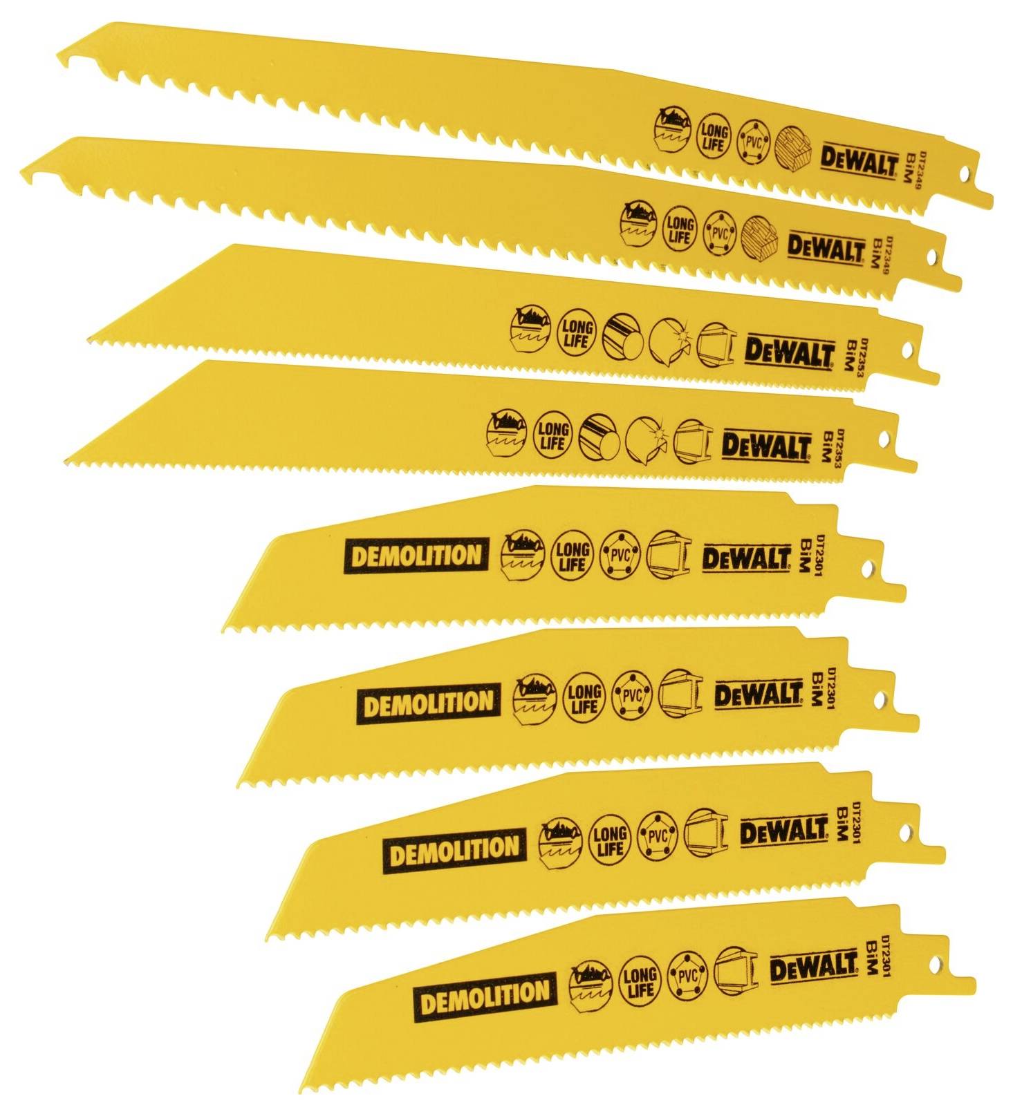 Gelbe Sägeblätter der Marke DeWalt mit Aufschrift 'Demolition' und Symbolen, die auf lange Lebensdauer, Präzision und Einsatzgebiete hinweisen.