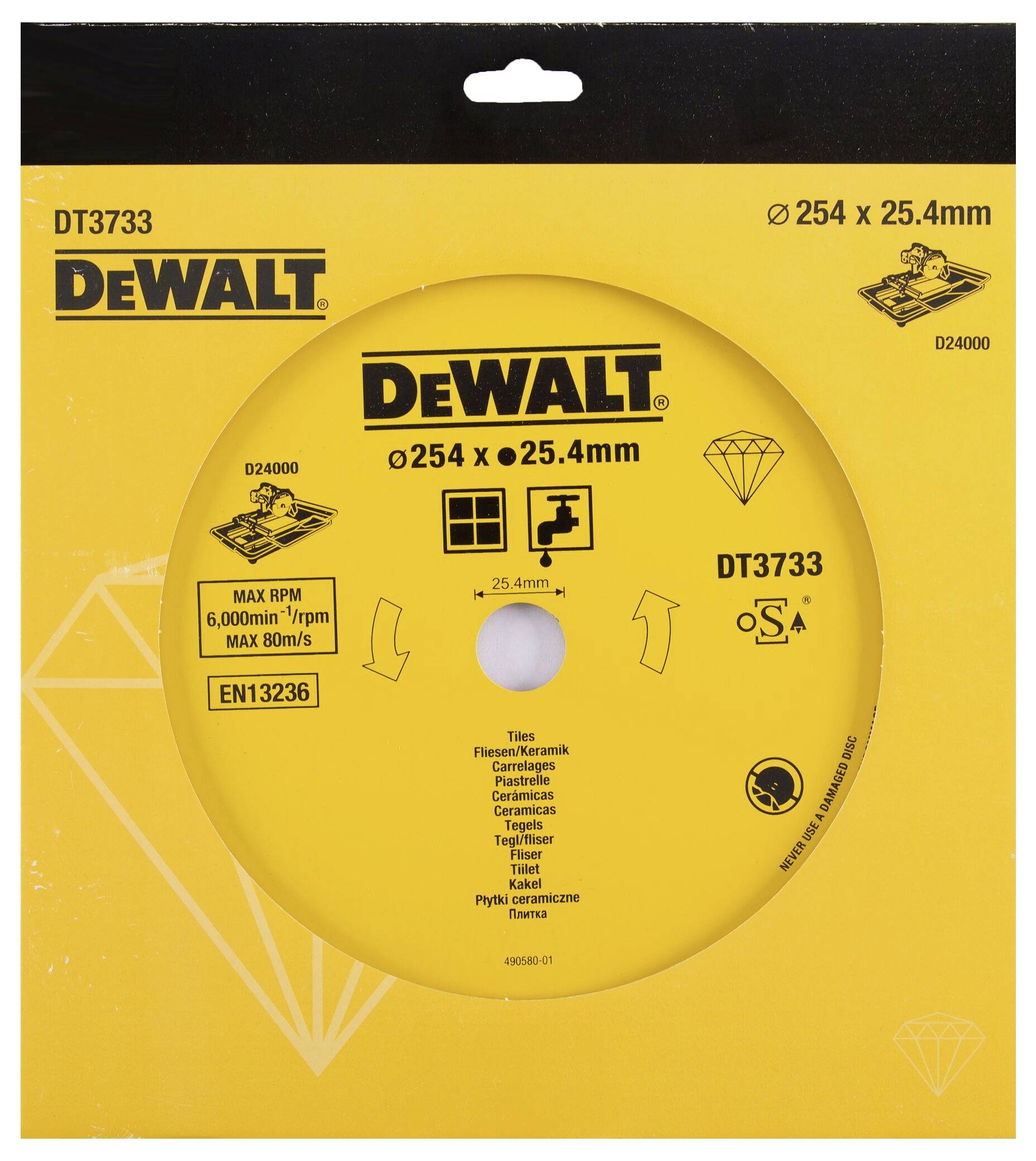 'DEWALT Diamanttrennscheibe, Ø254 mm x 25,4 mm, maximale Drehzahl 6000/min, geeignet für Fliesen, Feinsteinzeug, Granit.'
