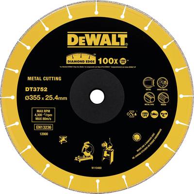 Schwarze Metallsägeblatt-Abbildung von DEWALT, Modell DT3752, Durchmesser 355mm, max. Drehzahl 4.300–6.470 U/min, für Metallschneiden.