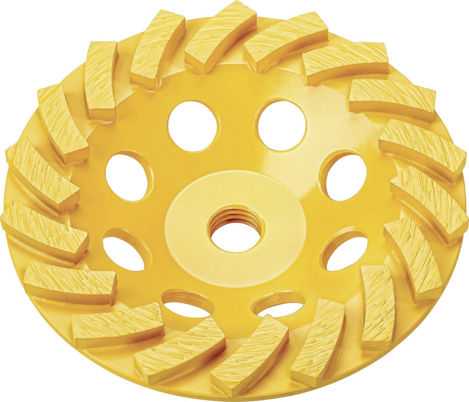 Ein gelber Schleifteller mit mehreren runden Löchern und aufgesetzten Schleifsegmenten aus Hartmetall zur Bearbeitung von Betonoberflächen.