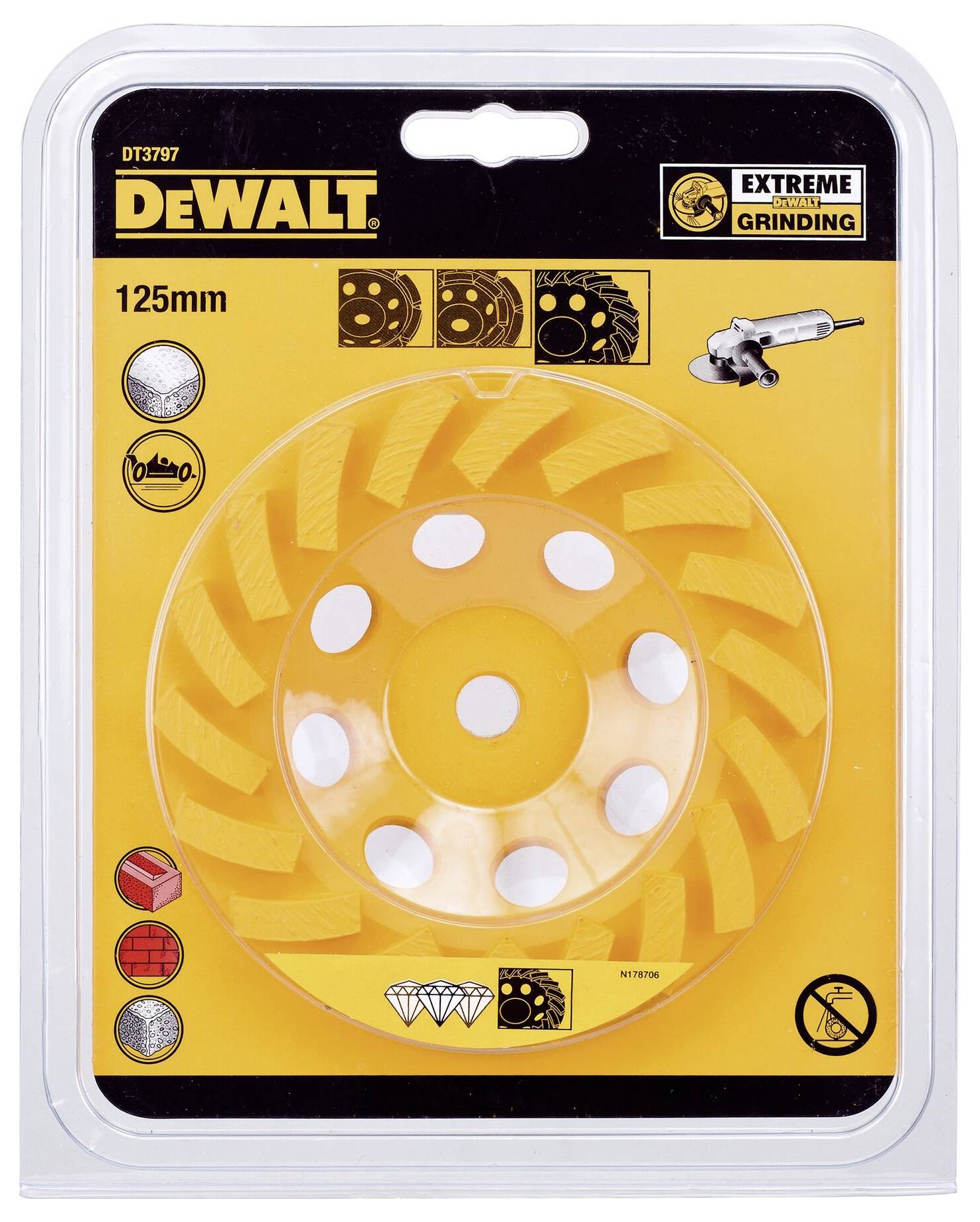 Schleifscheibe von Dewalt in der Verpackung, 125 mm, gelb, geeignet für extreme Schleifarbeiten. Icons zeigen Anwendungen wie Beton und Stein.